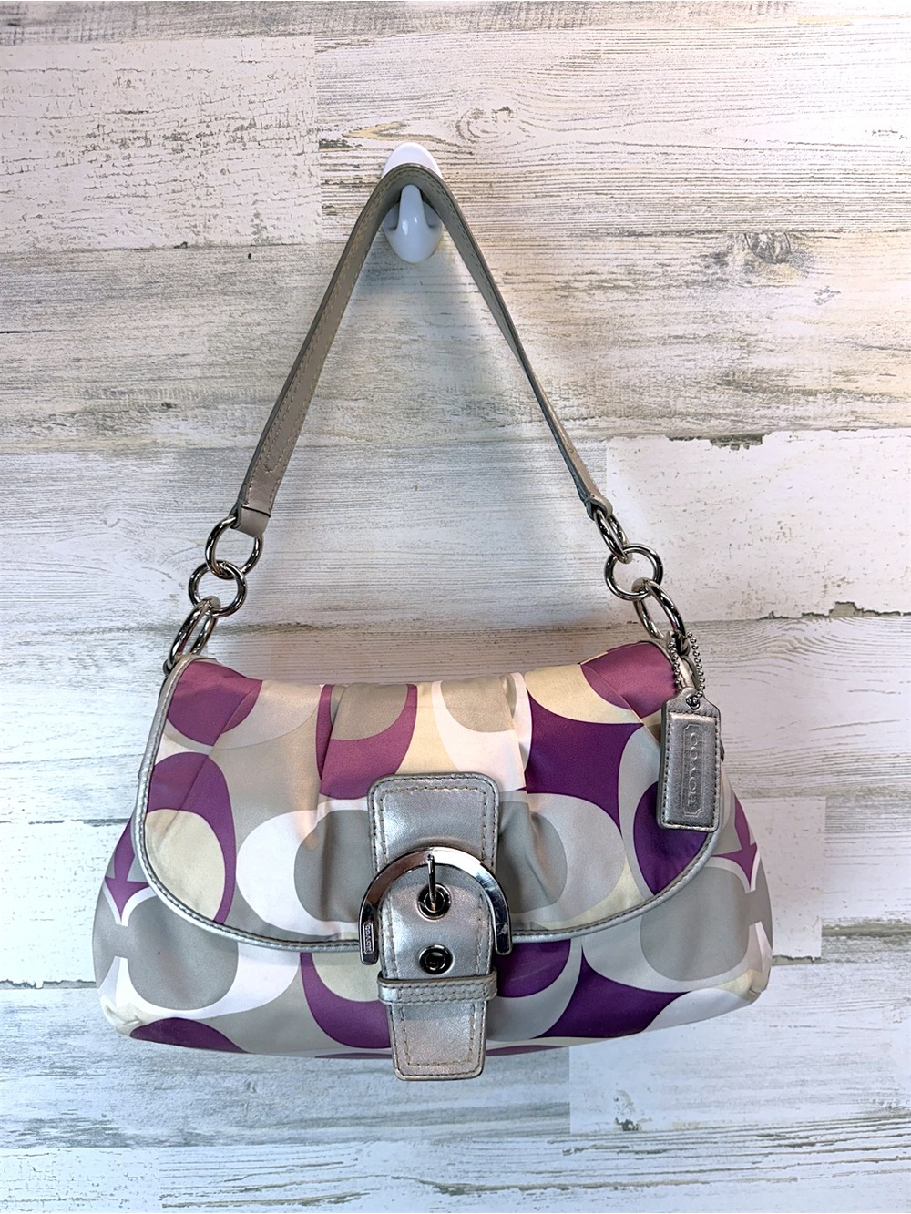 Coach Soho Purple Gray Op Art Satin Shoulder Bag Silver Buckle Hobo Purse - Picture 2 of 12